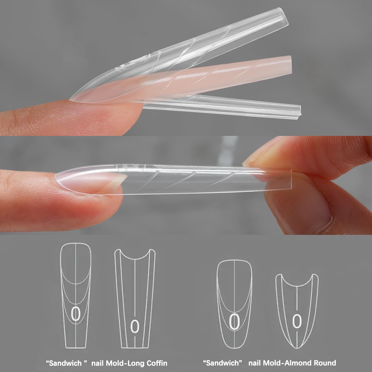 Original Sandwich Nails Dual Forms - 150Pcs Long Coffin Nail Mold for Quick Nails Extension, 15 Sizes Plastic Form, Salon Nail Art Tools