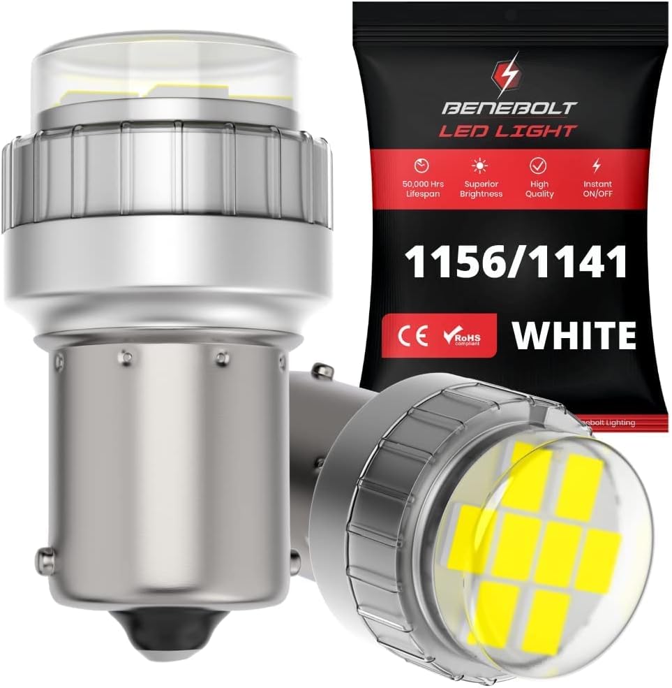 BENEBOLT 1156 LED bulbs White - Ultra Bright LED Reverse, Lawn Mower Headlights, Daytime Running Lights, RV Bulbs - 1141 1003 BA15S 7506 P21W - Light Diffuser for Glare Free Light - 2 Pack