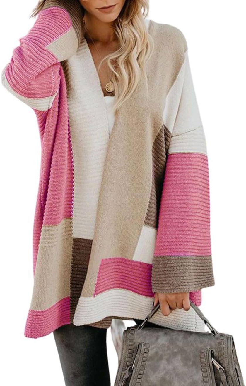 chouyatou Women's Fall Geometric Color Block Open Front Cardigan Sweater Elegant Casual Oversized Coatigan Coat