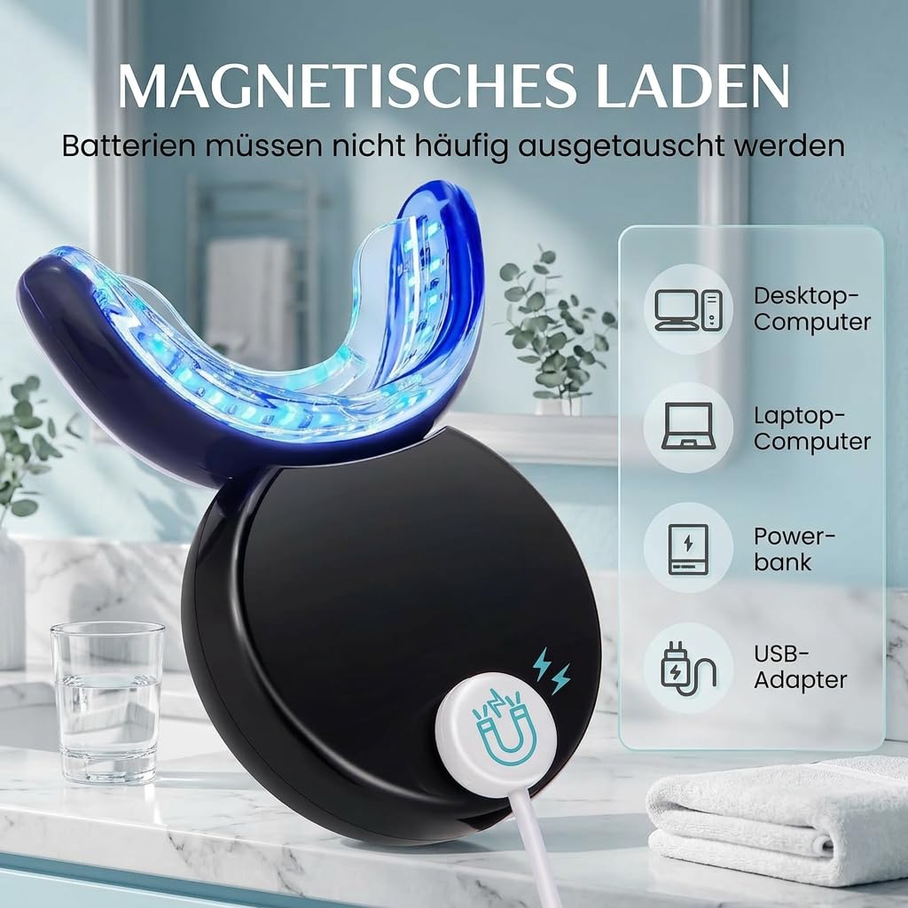 Wellawhite Teeth Whitening Kit—LED Zahnbleaching Set Zuhause Professionelle Zahnaufhellung Ohne Schmerzen Whitening Gegen Kaffee Flecken (Schwarz)