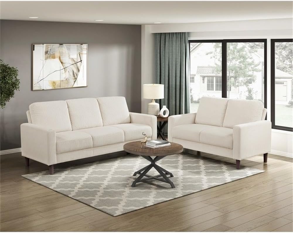 Pemberly Row Corduroy Loveseat, Beige Upholstery, Track Arms, Pocket Coils, Solid Wood and Plywood Frame, Brown Faux Wood Feet, Compact Modern Seating for Living Room, Apartment, or Small Spaces