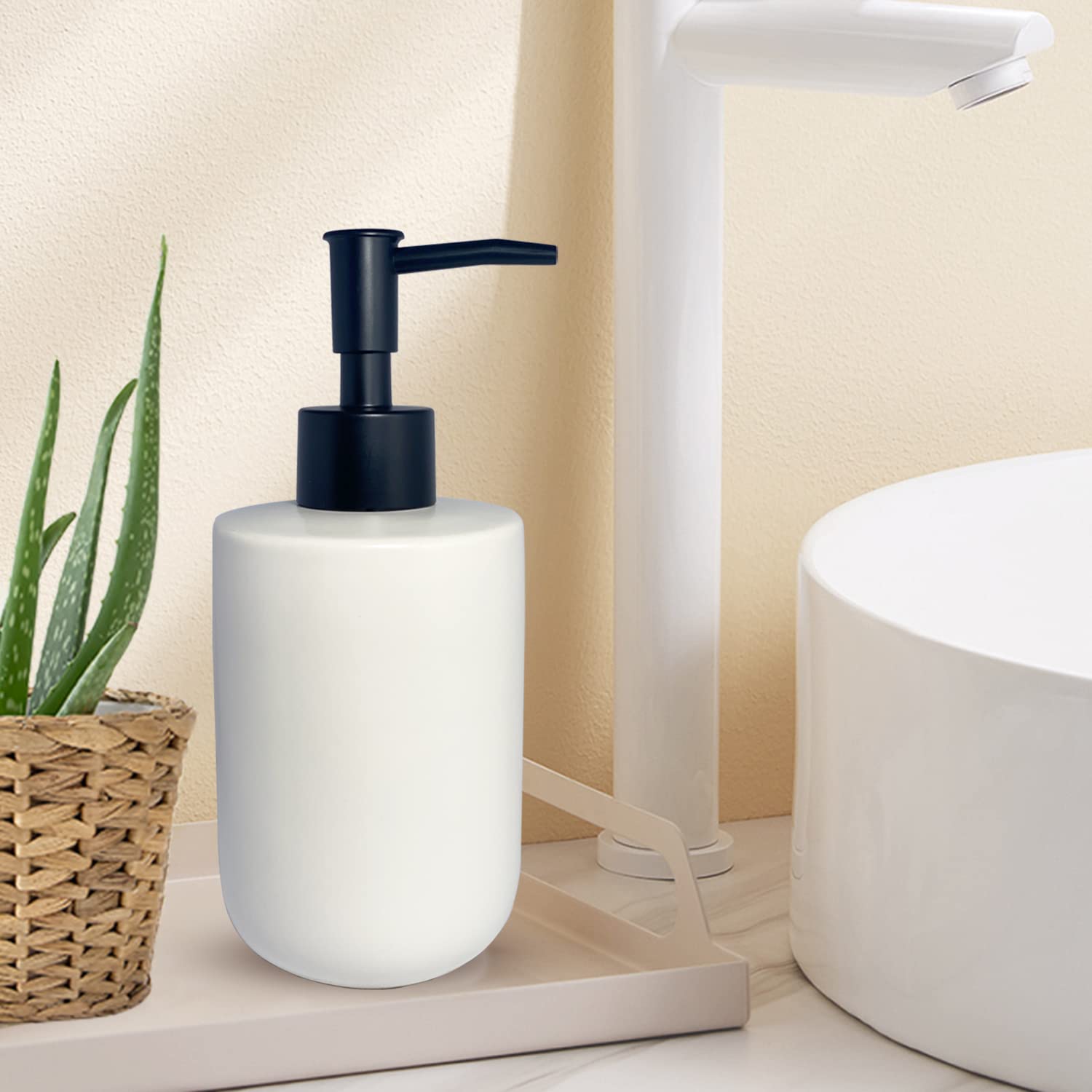 Biały dozownik mydła z matową czarną pompką do łazienki, minimalistyczny nowoczesny design, cylindryczny dozownik balsamu, 350 ml ceramiczny dozownik mydła do naczyń, dozownik płynu do wielokrotnego