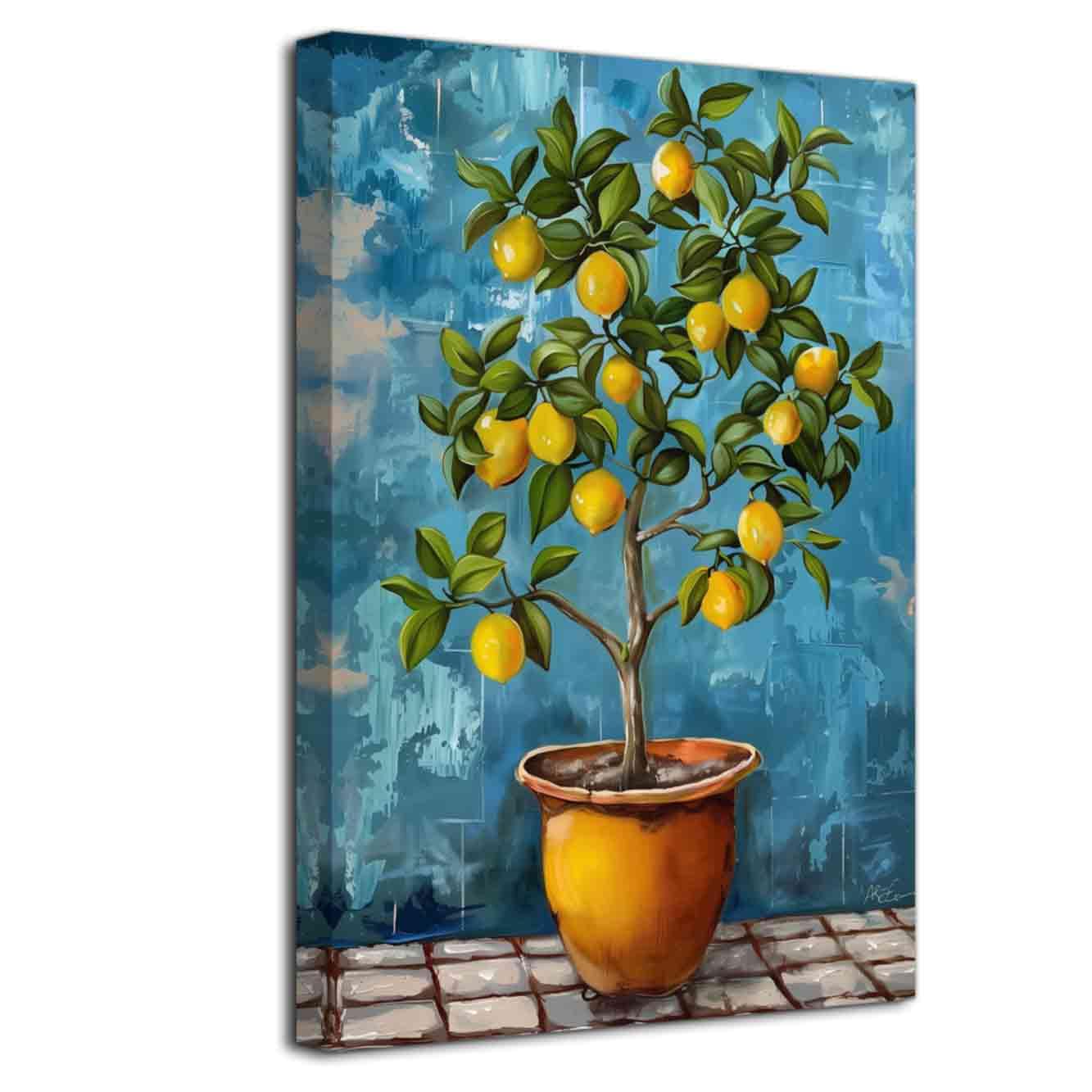 LZIMU Lemon Pictures Wall Art Kitchen Decor Vintage Lemon Tree Blue Pottery Canvas Prints Yellow Fruit Painting Rustic Farmhouse Artwork Framed (Blue, (18L x 12W))
