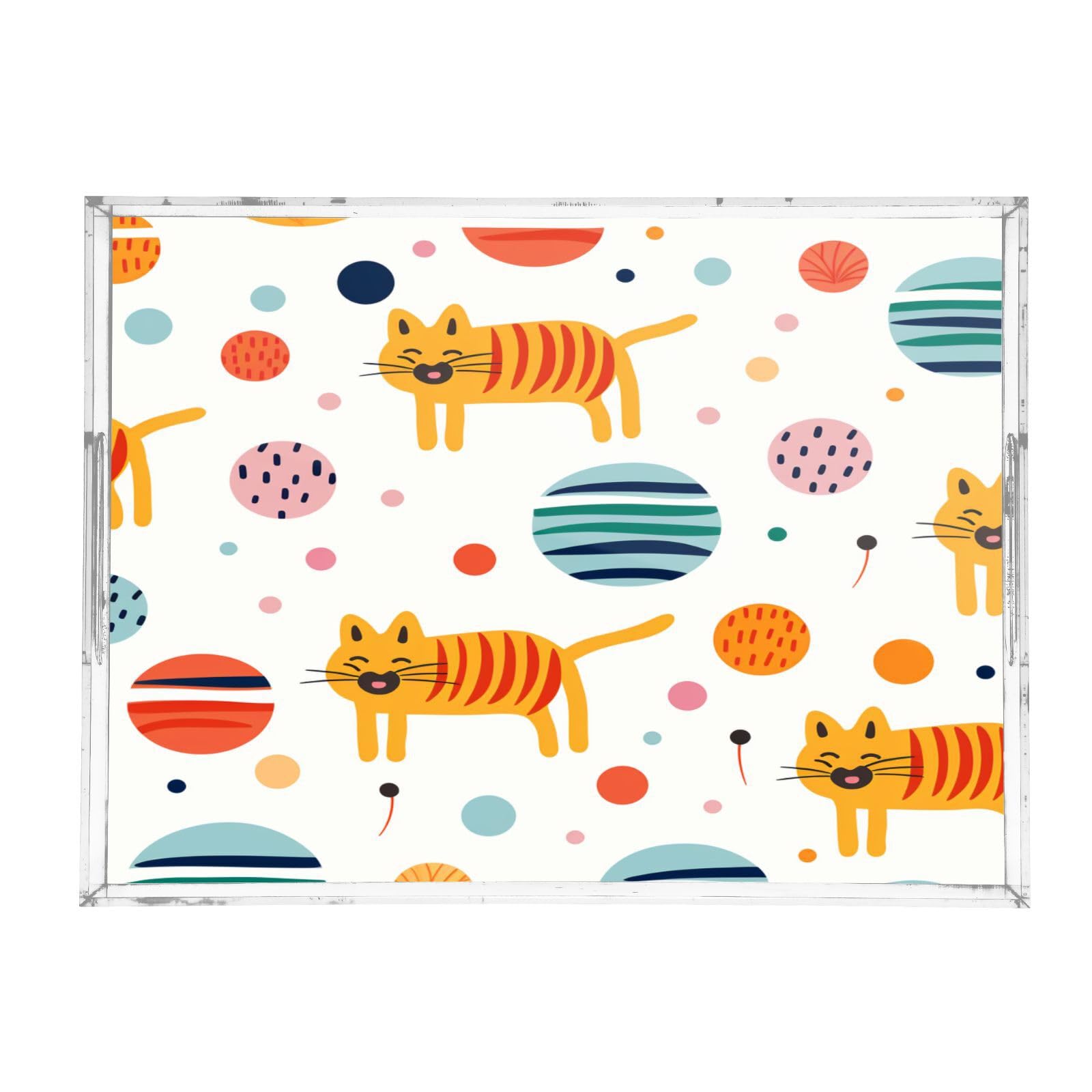 IOACIY Clear Serving Tray 12x16 Inches Acrylic Decorative Tray Organiser for Ottoman Coffee Table Countertop with Handles, Cute Tiger (1)