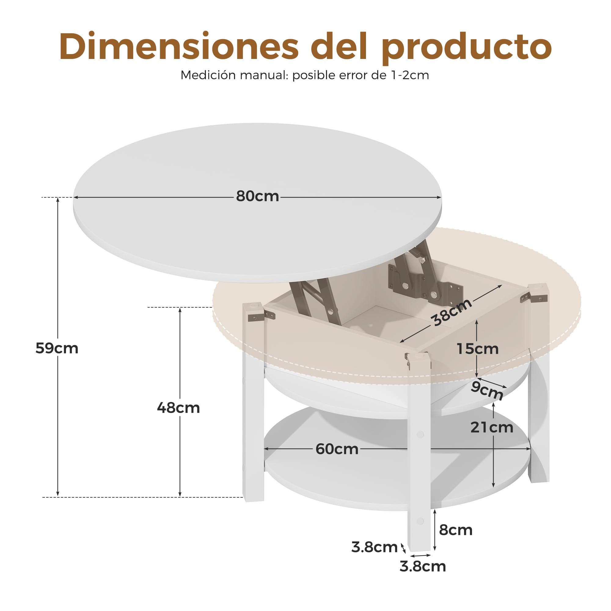 ELUCHANG Mesa de Centro Redonda Elevable y Extensible 2 en 1 para Salón y Oficina, Mesa de Cafe con Espacio de Almacenamiento de 2 Niveles, Madera en Blanco, 80x80cm