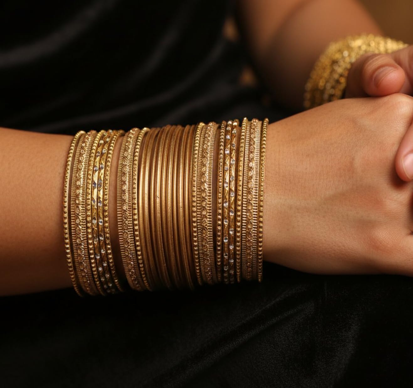 Touchstone Indian Metal Bangles for Women Gold Alloy Bracelets desi 2 Dozen Bangle Collection Bollywood Women's Jewelry Set Multi Stacking Wide Chunky Textured Golden Set of 24 in Gold or White Tone