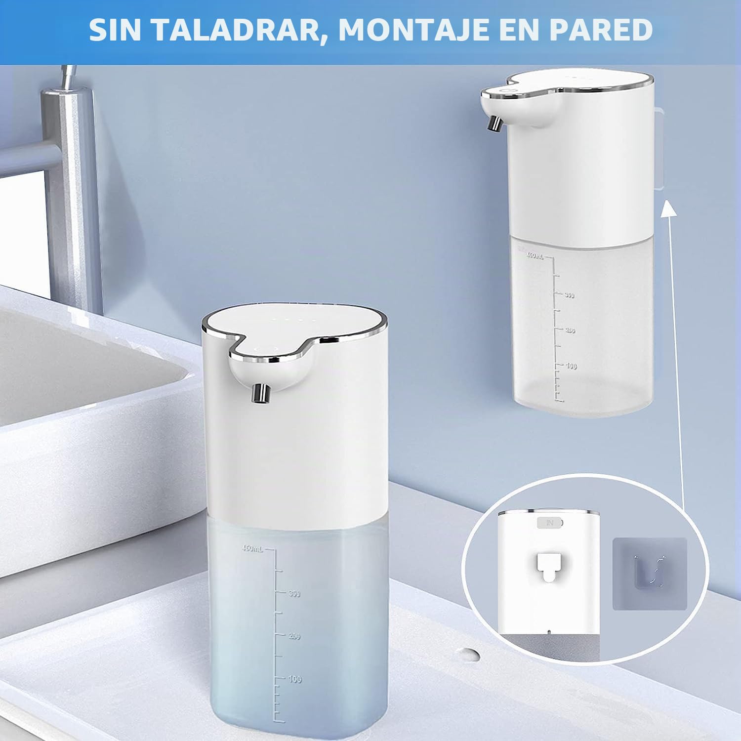 Jabón automático jabón líquido sin Contacto Recargable 400 ml Soporte de Pared 4 volúmenes de Espuma Ajustable Jabón eléctrico ipx5 con Sensor de Movimiento infrarrojo - Limpieza automática