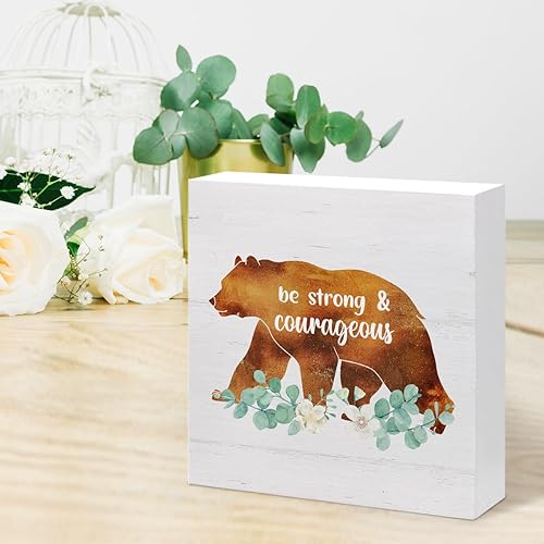 Miniatura 6 de Letrero de madera de animales del bosque, letrero de madera de oso con texto en inglés «Be Strong and Courageous», decoración de escritorio, Sé