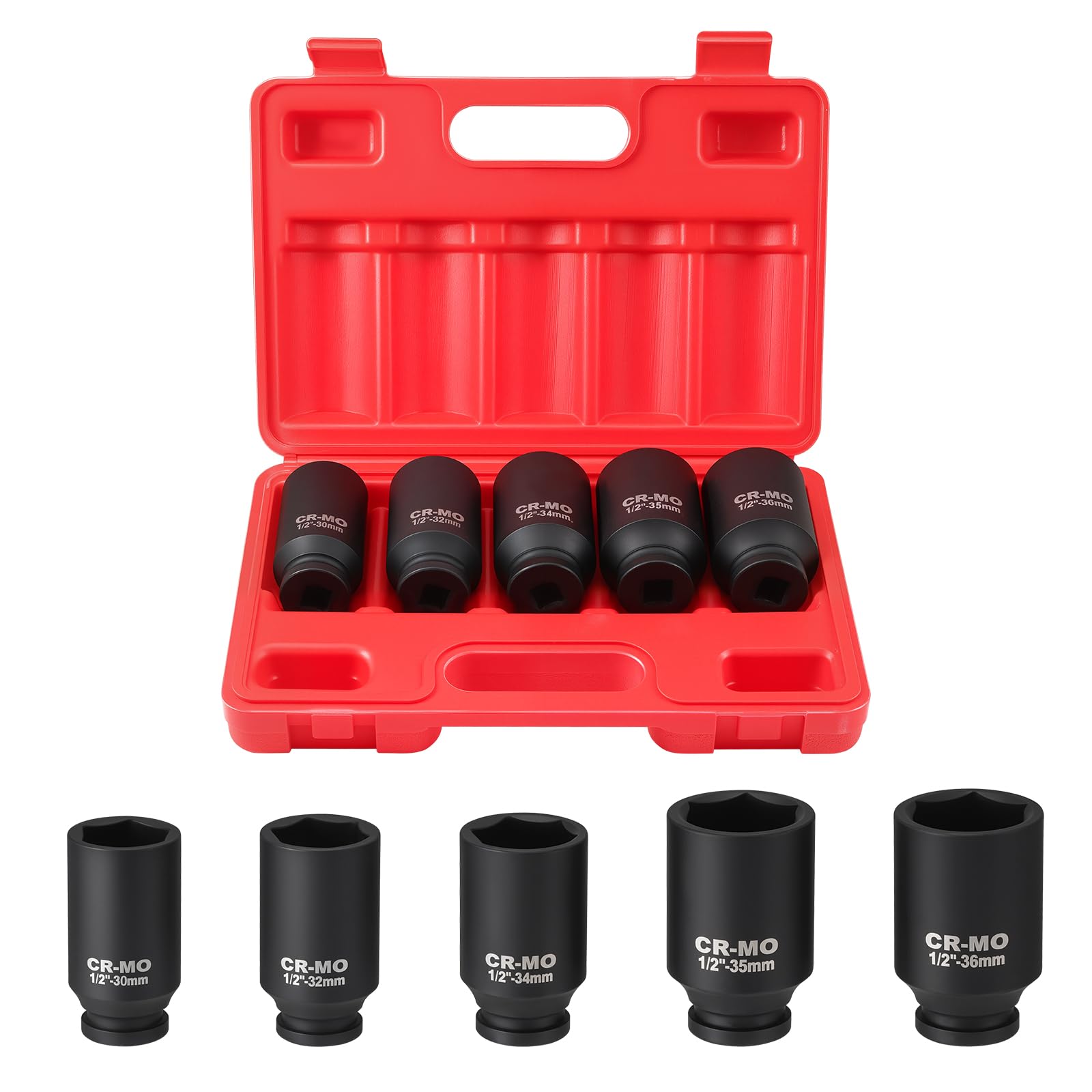 5PCS Coffret de Douilles a Chocs 1/2" Jeu de Douille à Choc, 30/32/34/35/36mm Écrou à Impact, CR-MO 6 Pans Jeu d'Écrous pour Clés à Choc, 78MM de Profondeur pour Retirer Écrous et Boulons