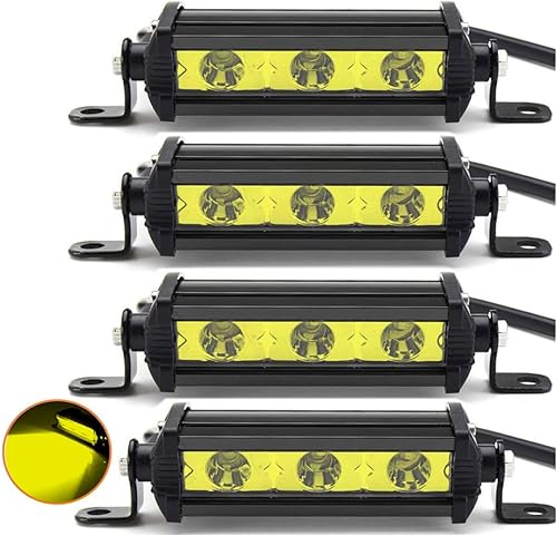 Willpower Barra de luz LED amarilla, 4 unidades, 4 pulgadas, 15 W, luz antiniebla de conducción delgada, luz todoterreno impermeable para SUV, ATV,