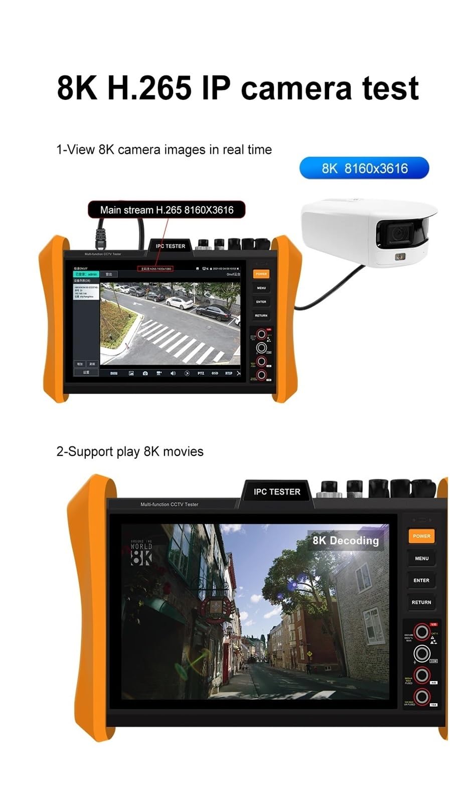 Henkion IPC CCTV Tester H12-ADHS con monitor touch screen IPS da 8 pollici, tester per fotocamera CCTV supporta IP 8K 32MP e 4K 8MP TVI CVI AHD SDI, tester per cavi SFP