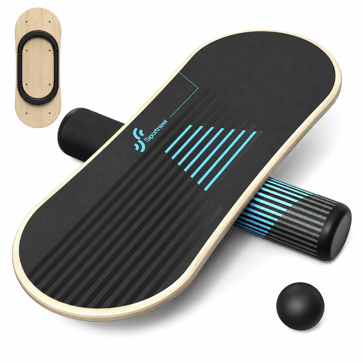 Sportneer Tabla de equilibrio – Tabla de 7 modos para interior, monopatín, surf, con topes ajustables, rodillo de madera y bola de 7,1 cm incluidos