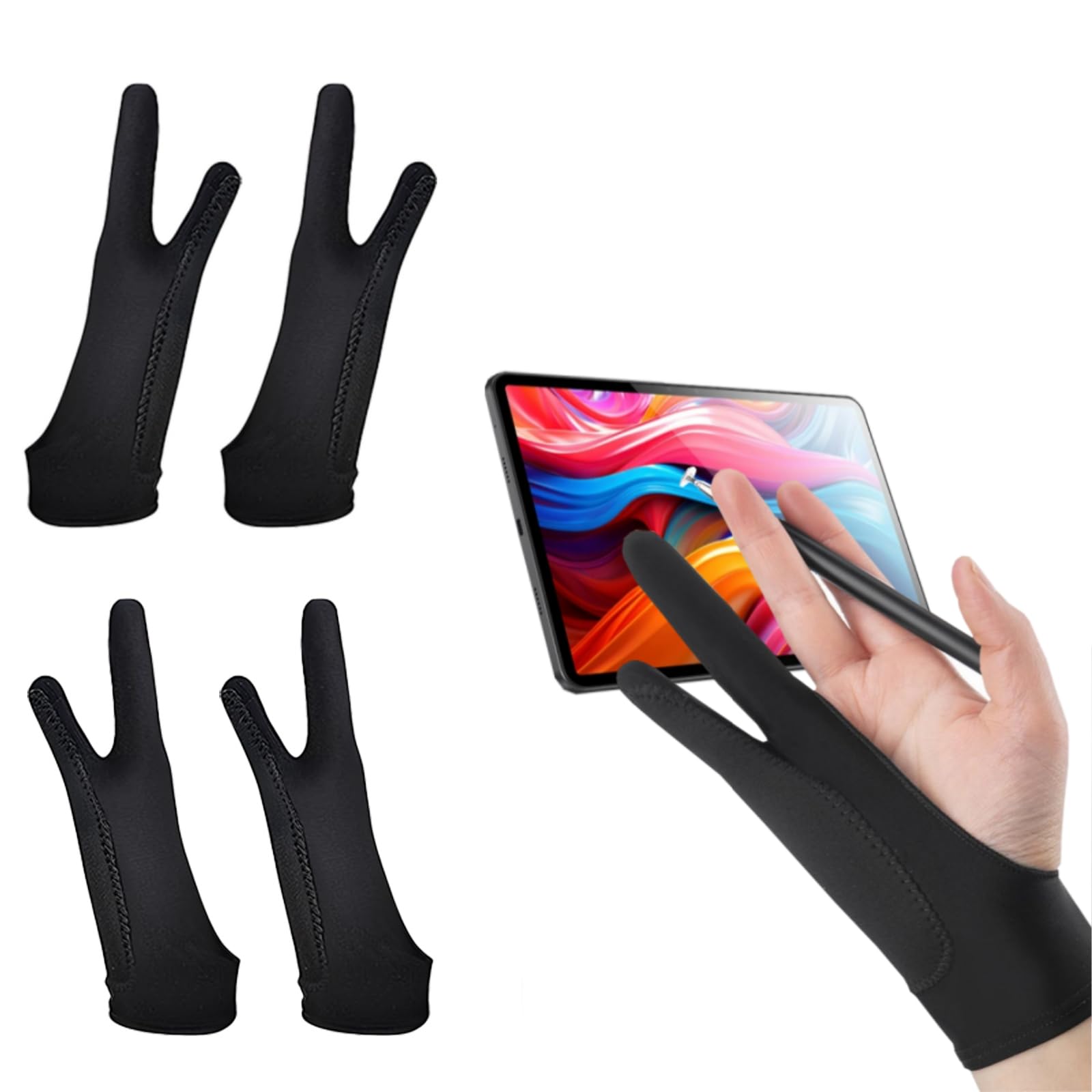 4 Pack Artist Glove for Graphics Drawing Tablet 3-Layer Palm Anti-fouling Digital Art Glove for Graphic Tablet Two Finger Gloves for Graphics Drawing Pad and Art Creation for Right or Left Hand