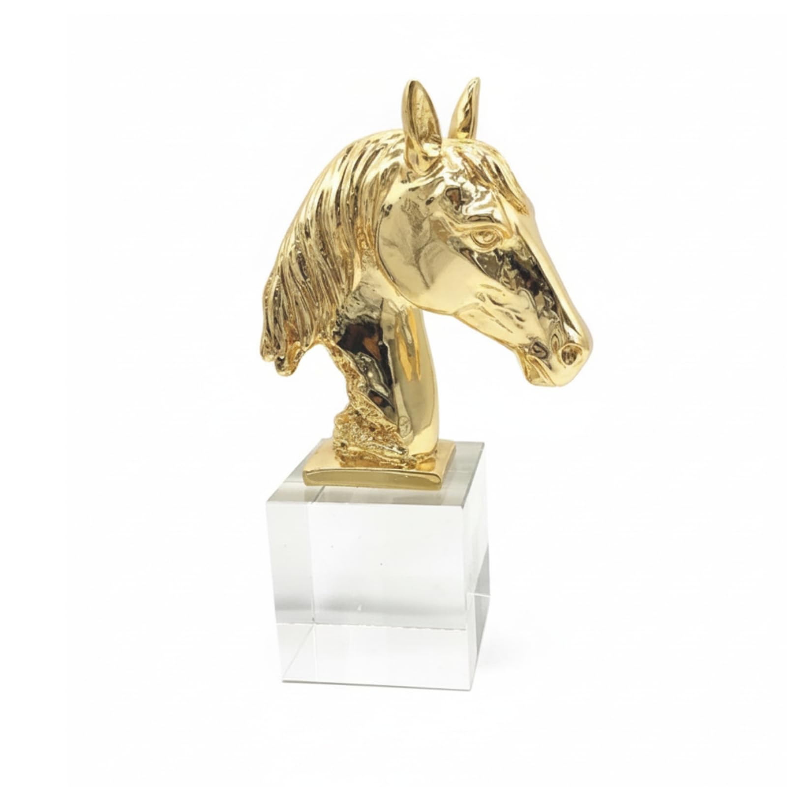 F Fityle Estatua de Caballo en Resina Cabeza de Caballo Escultura Figura Adorno con Base de Cubo Transparente de Cristal y Diseño Artístico Moderno Adecuada, Dorado