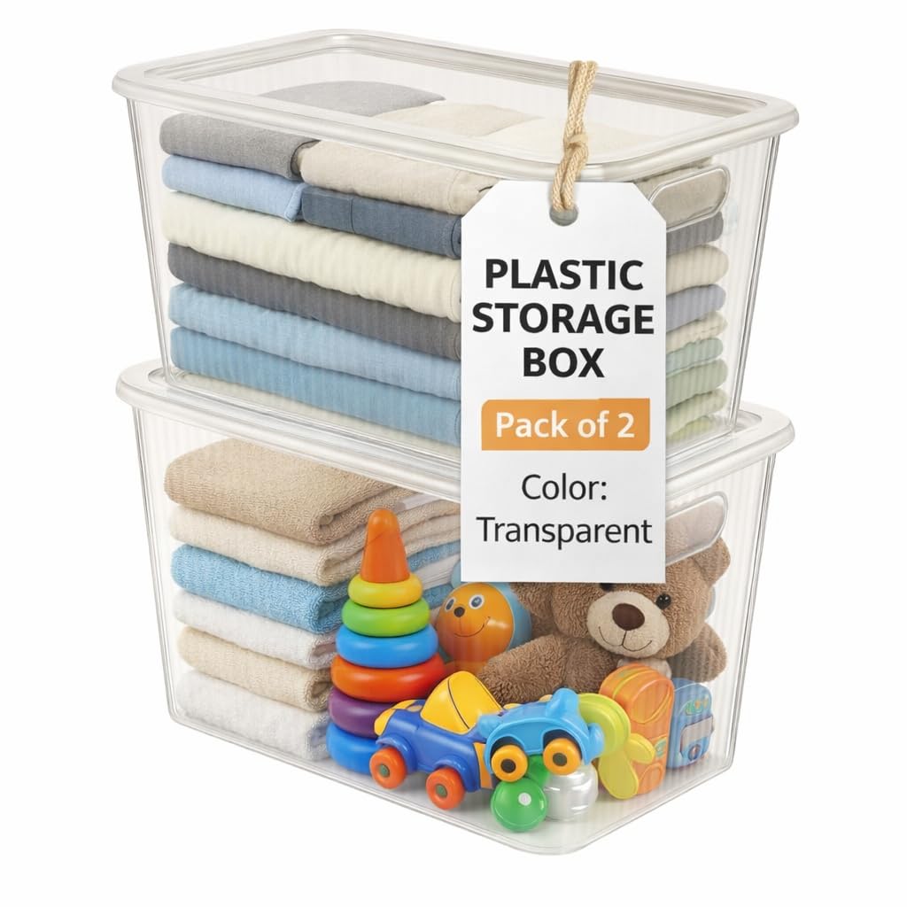 Plastic Storage Box with Lid – Large Stackable Organizer Storage Box for Clothes, Toys, Kitchen – Big Size Plastic Storage Container Basket for Home, Office, Bathroom(Large,2pcs,Transparent)-image-17