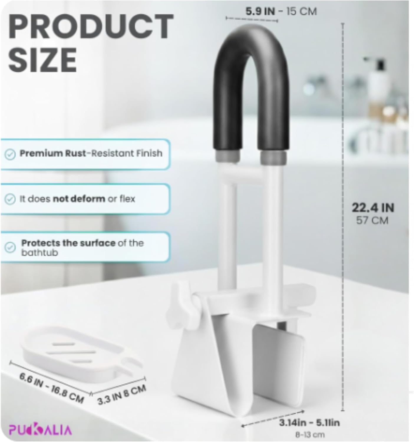 Bathtub Grab Bar Safety Rail for Seniors and Elderly with 300lbs Heavy Duty Iron Support Plus Tool Free Clamp on Shower Handle and Non Slip Bathroom Assist Bar for Side of Tub in White