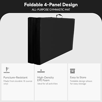 BalanceFrom 10x4 Feet 4-Panel Folding Gymnastics Mat 2-Inch Thick Pad with Vinyl Surface and Carrying Handles for Tumbling, Yoga, Pilates, Home Workouts, and Martial Arts