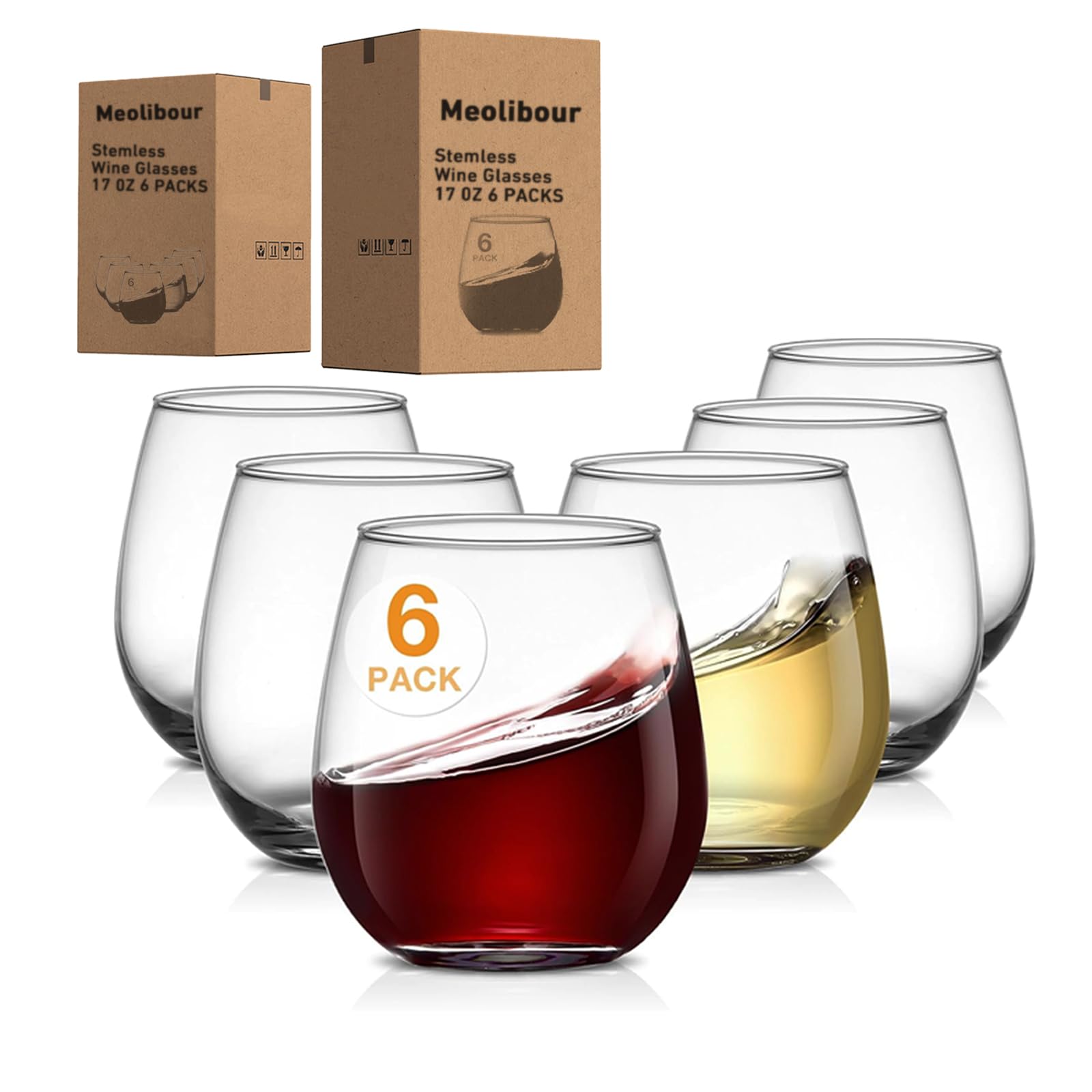 Large Stemless Wine Glasses Set of 6, 17 Ounces Red & White Wine Glasses Tumbler for Party, Clear Drink Glasses, Ideal Wine Accessories Gift, Lead-free, Dishwasher Safe