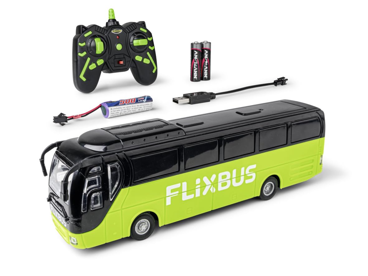 Carson 1:64 Flixbus 2,4 GHz 100% RTR - 100% prêt à Rouler, Bus Jouet, Voiture Jouet, Voiture télécommandée, pour Enfants à partir de 3 Ans, autonomie env. 80 Min, Bus RC, télécommandé