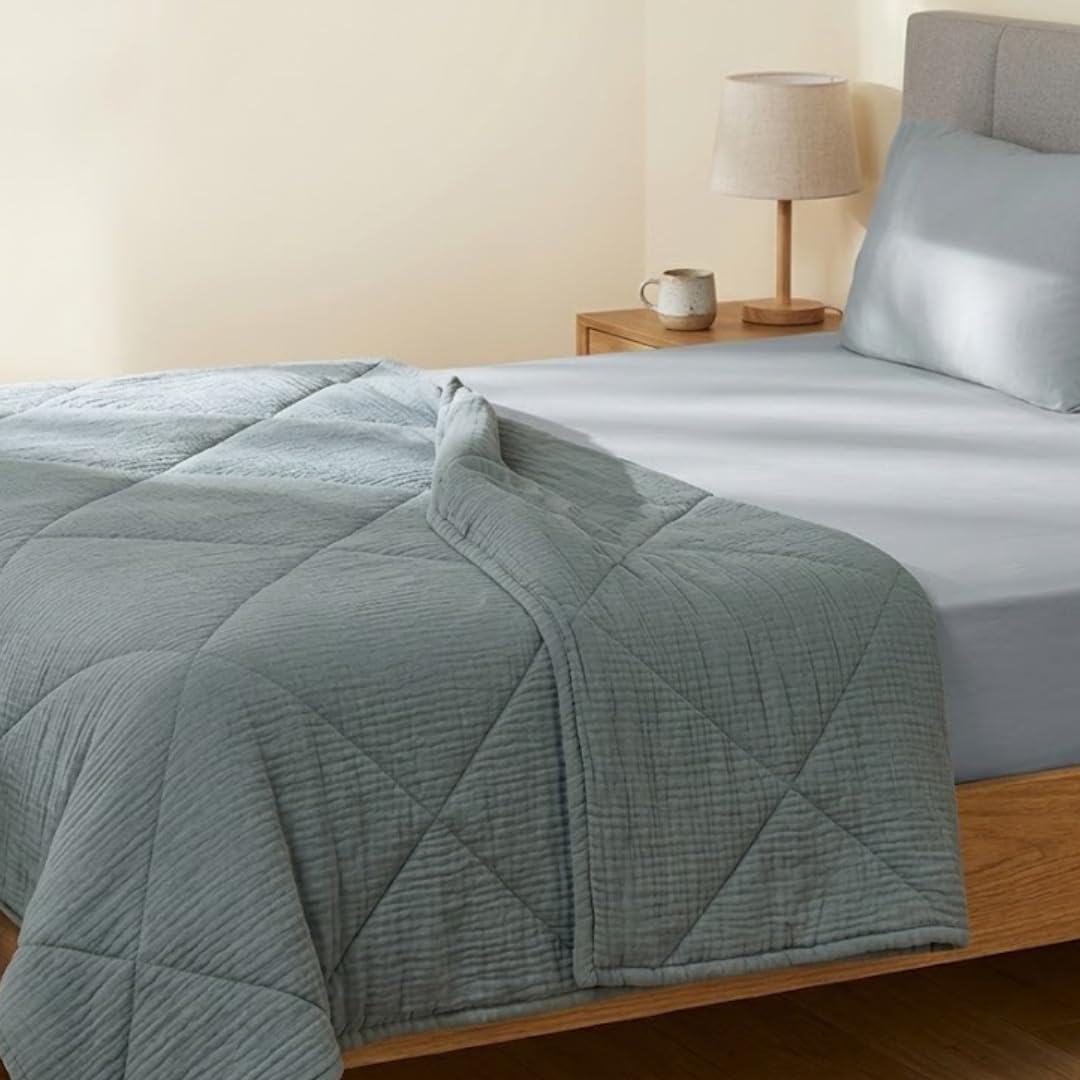 Double Quilt 90x90 in – Cotton Gauze, Lightweight, Breathable Bedspread, Soft Comfort Layer for King and Queen Beds for Summers (Ocean Blue)-image-31