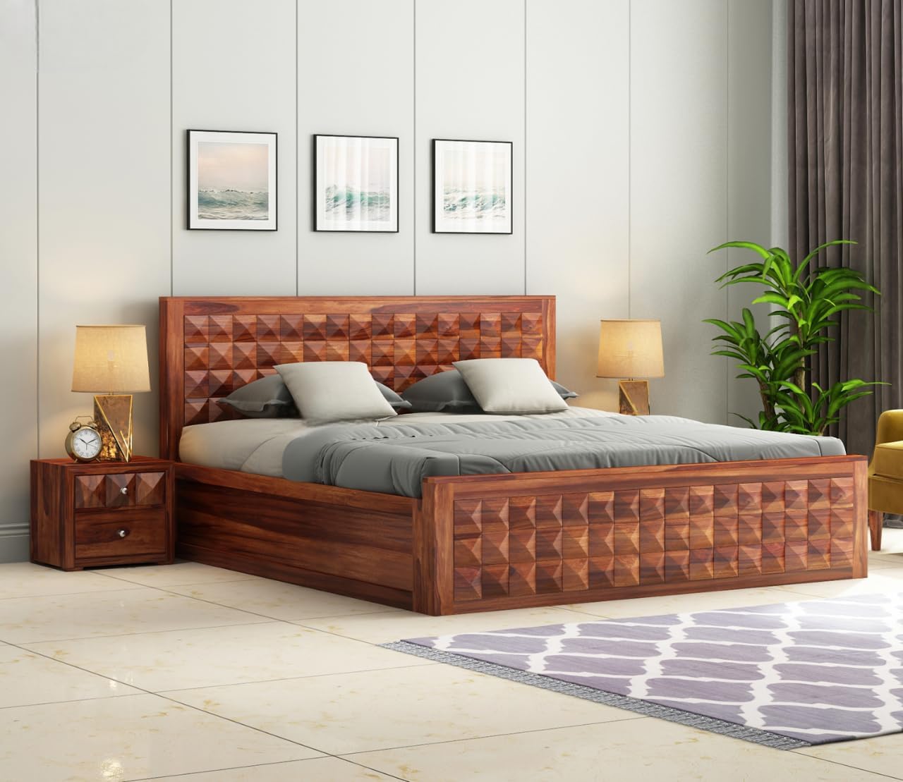 King Size Sheesham Wood Box Storage Bed – Diamond Design Solid Wood Bedroom Bed | Honey Finish Wooden Cot | Eco-Friendly Handmade Indian Furniture | Modern Wooden Storage Bed-image-32