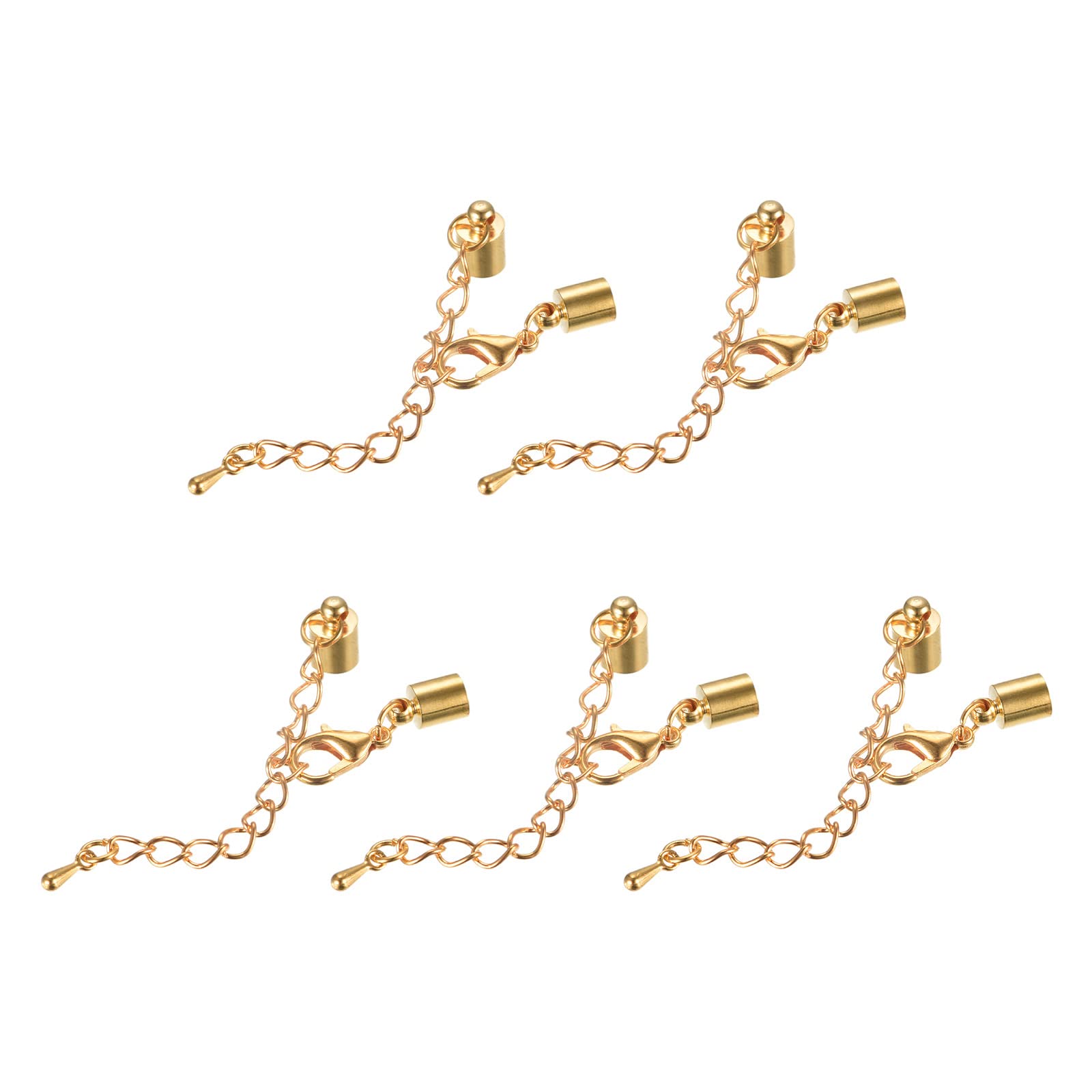 sourcing map 10Sets 5mm Leather Cord End Caps with Lobster Clasps & Extender Chain for DIY Making Bracelets, Light Golden