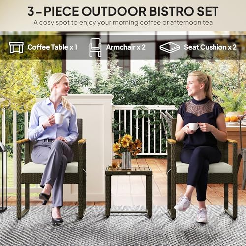 Outsunny 3 Pieces Wicker Patio Furniture Set, Rattan Bistro Set w/ 2 Patio Chairs, Acacia Wood Table & Removable Cushions, Patio Conversation Set for Porch, Balcony, White - Image 4