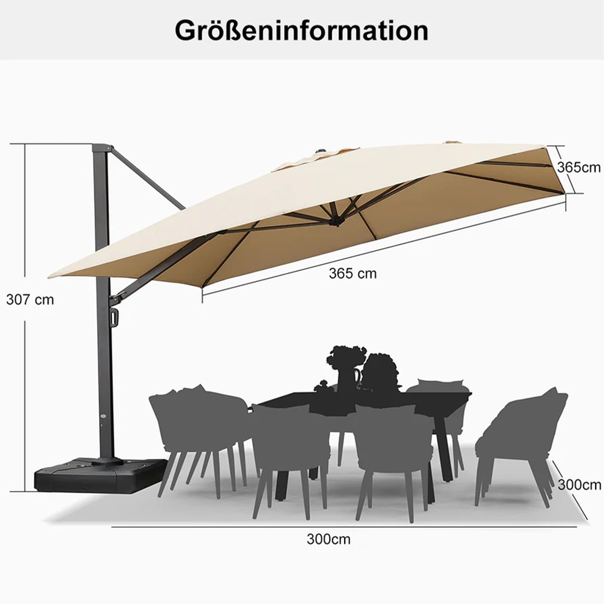PURPLE LEAF Sonnenschirm 365 × 365 cm Eingebauter Griff Alu Groß Beige | Große Schattenzone, Verdickter Schirmmast, mehr Stabilität, 360° Flexibilität, Vielseitig Verstellbar, 240g/m² UV50+ Stoff