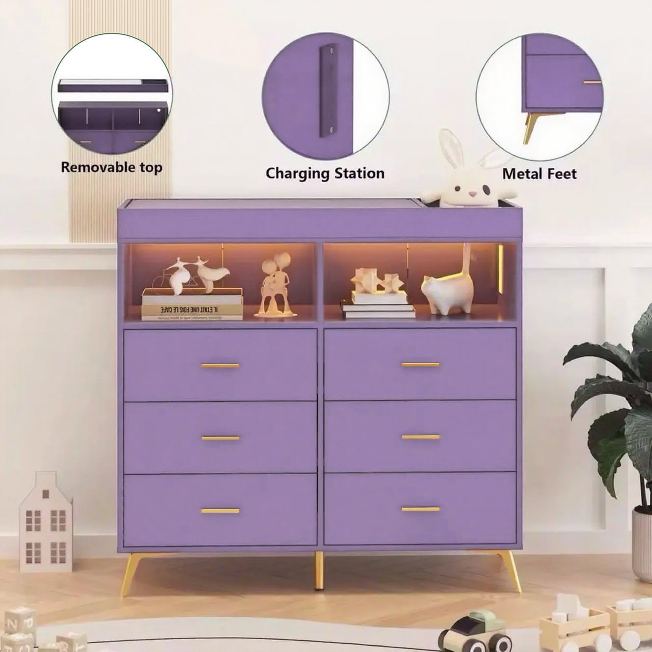 Jojoka Dresser for Bedroom with 6 Drawers, Multi-Functional Nursery Dresser with LED Lights & Charging Station,Baby Changing Table Table with Diaper Changing Station