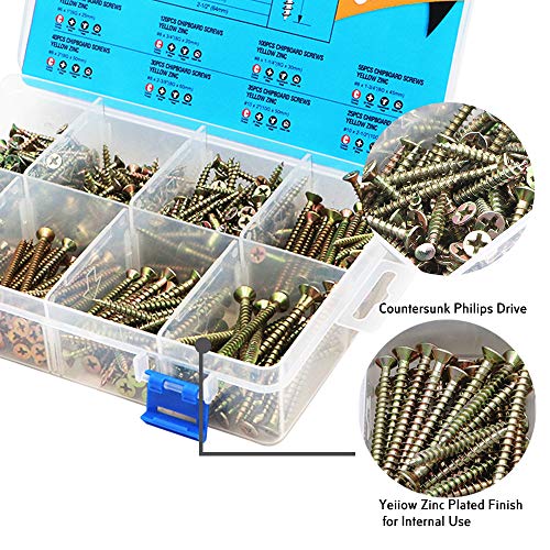 Akord Chipboard Brass Wood Screws Assortment Kit, Phillips Drive, Gold Passivated, 8 Different Specifications Sizes, 505 Pieces