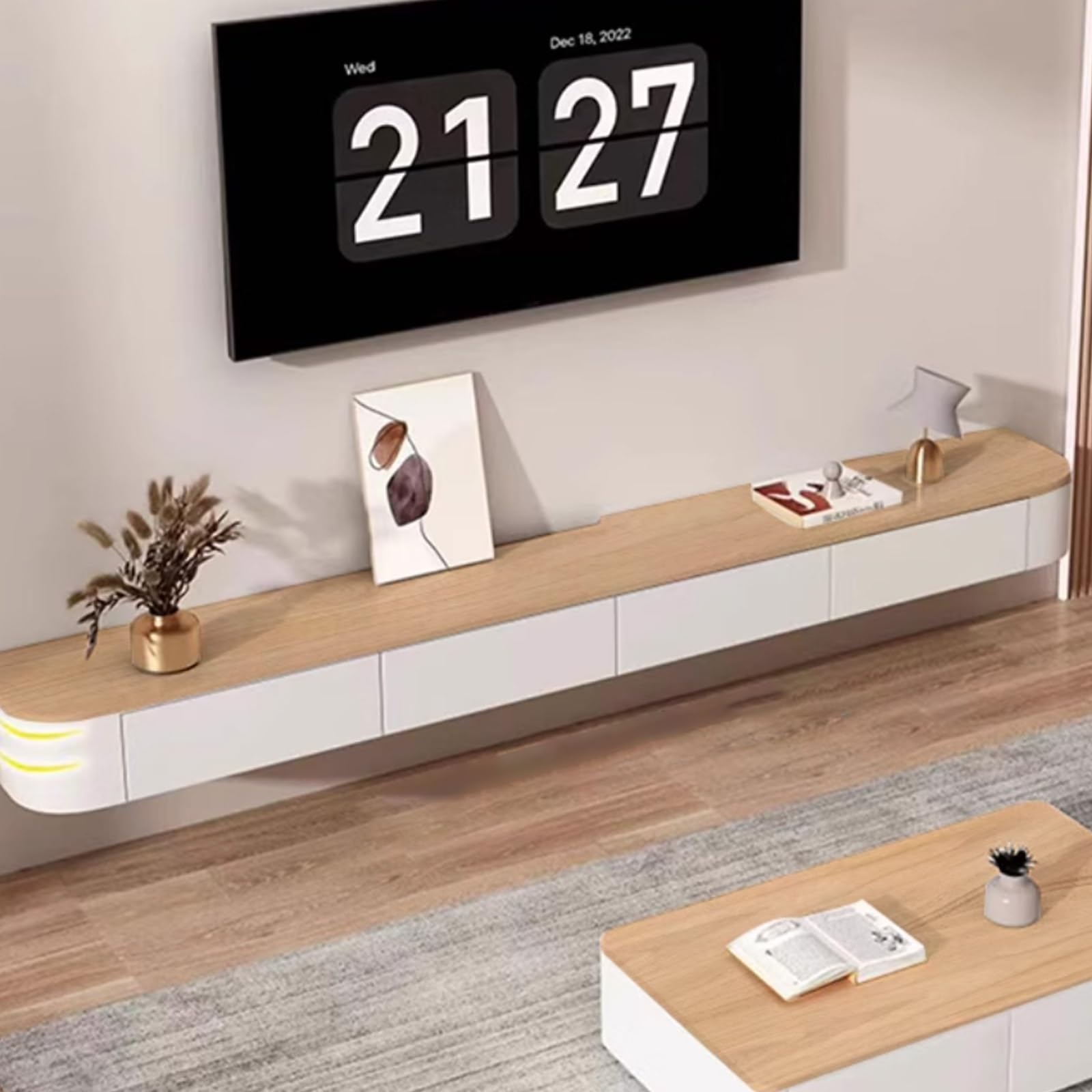 Mobile TV A Parete, Consolle TV Sospesa In Legno Massello Con Mobile Bianco E Piano In Legno Mensola Multimediale Minimalista Per Soggiorno Disponibile Nelle Misure Da 120 A 300 Cm(120CM/47.2IN)