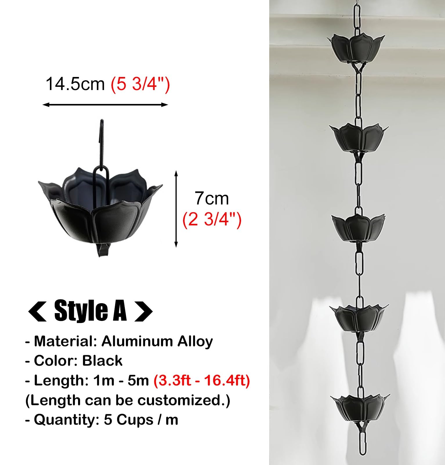 Regenketting aluminium, buitentuin decoratieve ketting for dakgoot regenpijp (kleur: stijl 1, maat: 2,4 m/8ft) (Color : Style 1, Size : 1m/3ft