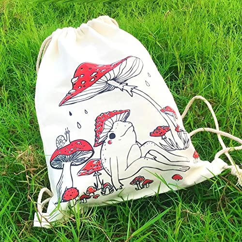 Mositu Mushroom Drawstring Backpack Cute Mushroom Frog Backpack Aesthetic Canvas Bag Gym Drawstring Bag Sports String Bag Cotton Sack Bag Beach Travel Sackpack For Women… #TOP5