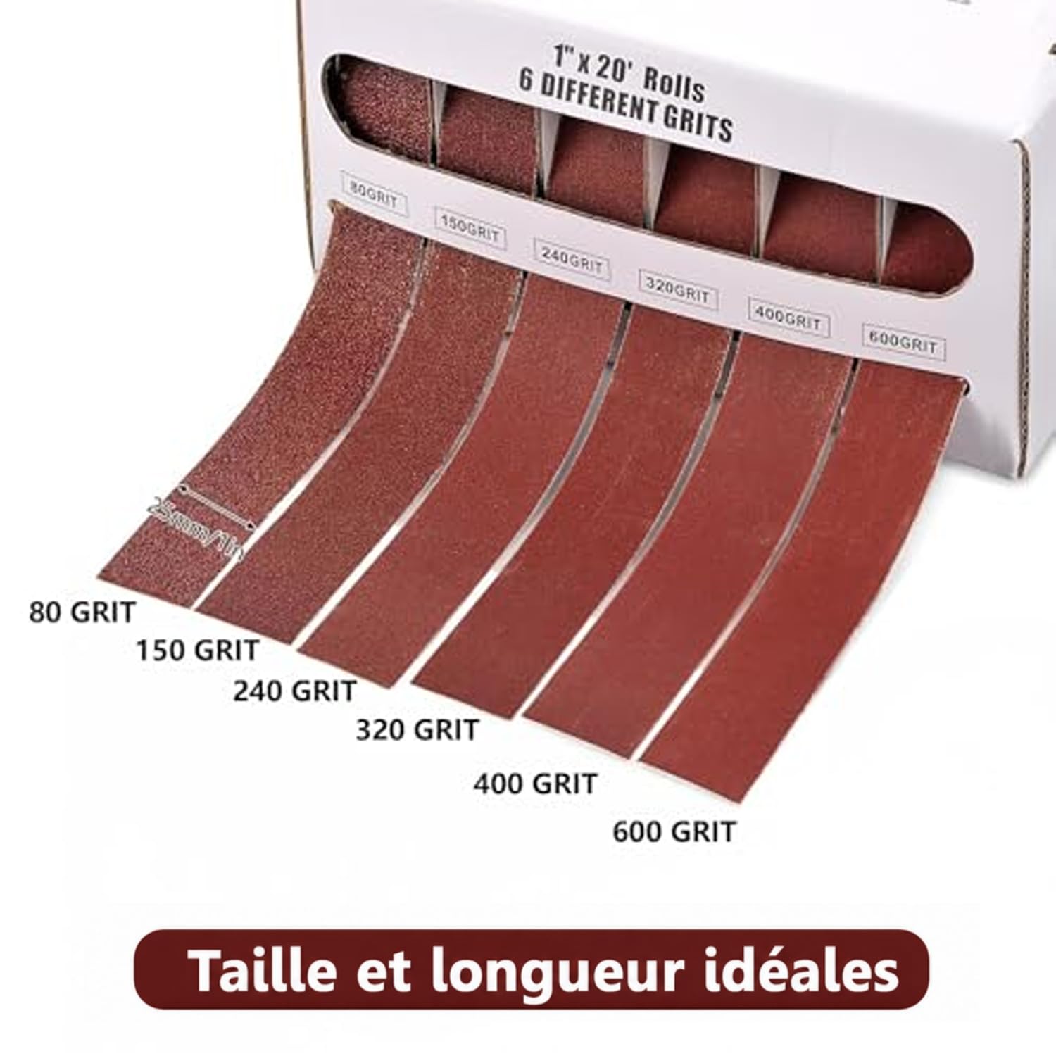 Rouleaux de Toile Émeri 80/150/240/320/400/600 Grit, Papier Abrasif 25 mm x 6 m à l’Oxyde d’Aluminium, Ponçage Sec et Humide pour Bois, Métal, Meubles, Carrosserie Voiture – Distributeur + Ciseaux