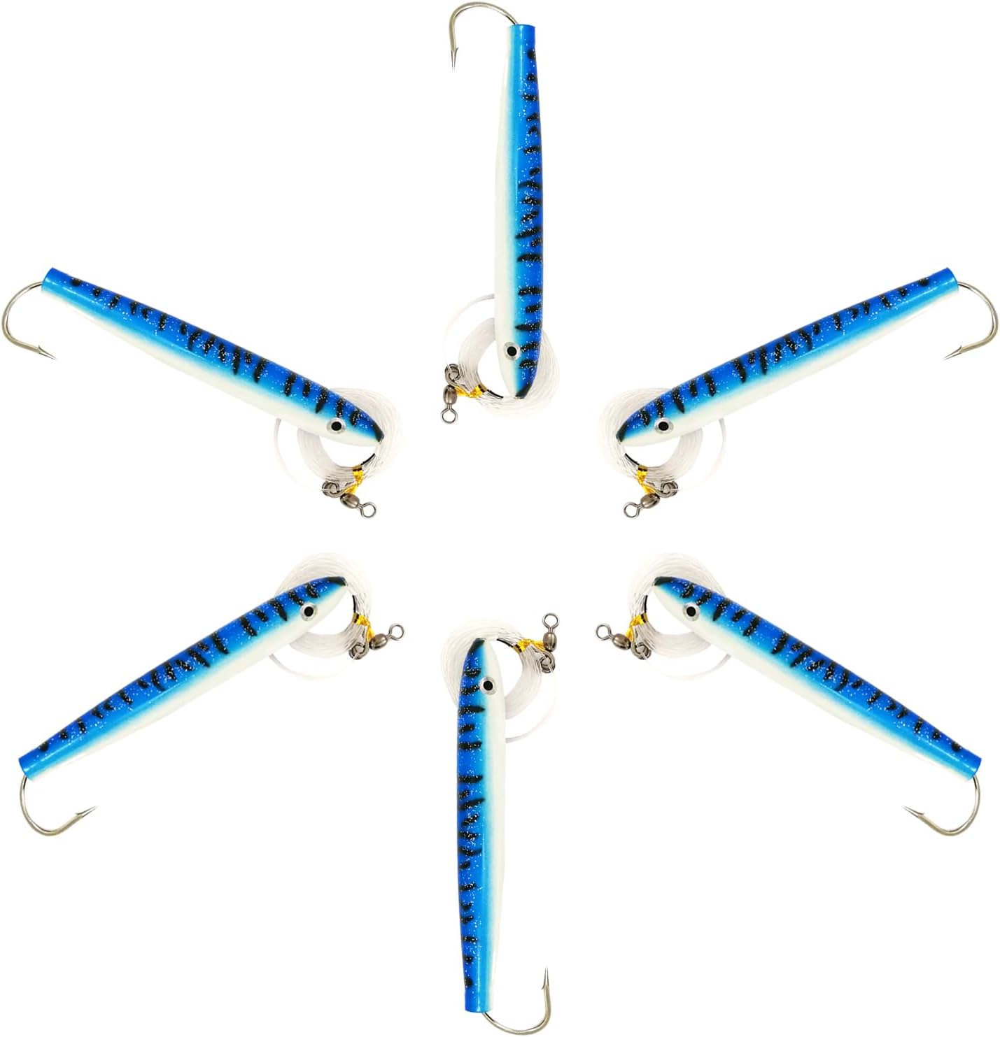 8" Cedar Plug Lures, 6 Pcs Blue/White Rigged, for Offshore Trolling, Includes Lure Bag, Ideal for Tuna & Saltwater Fishing