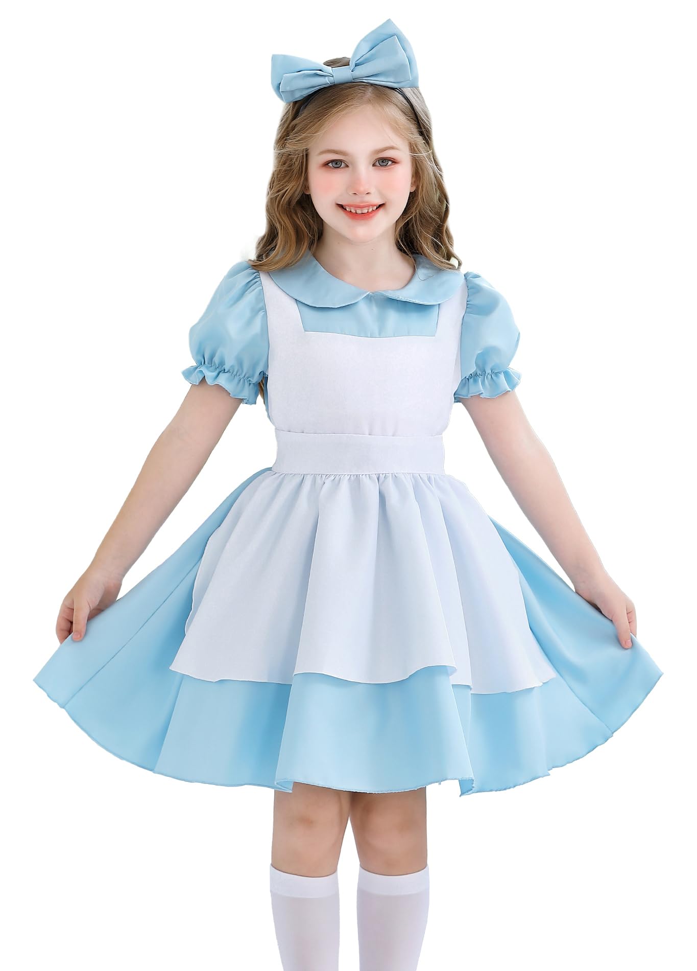Girls Fancy French Apron Dress for Halloween Cosplay Lolita Anime Party Uniform with Apron Bow Headwear Baby Blue 11-12 Years โ image 1