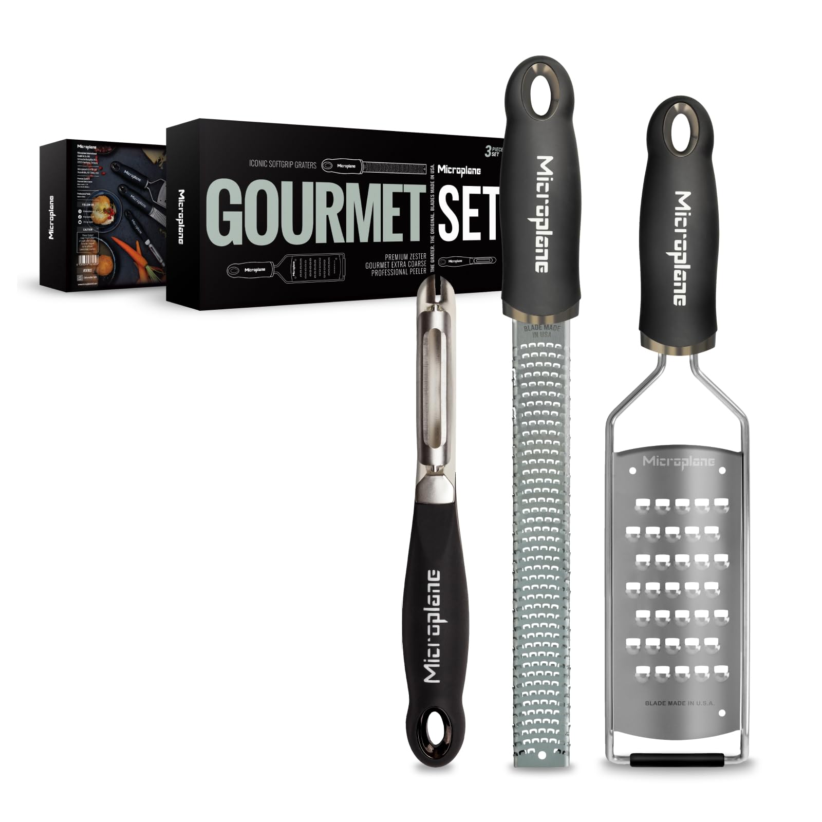 Microplane Coffret Cadeau Gourmet 3 pièces Râpe Zesteur Premium Classic, Râpe Très Gros Grains&Éplucheur Professionnel, Lames Inox Ultra-Tranchantes, Ustensiles de Cuisine Haut de Gamme Ergonomiques