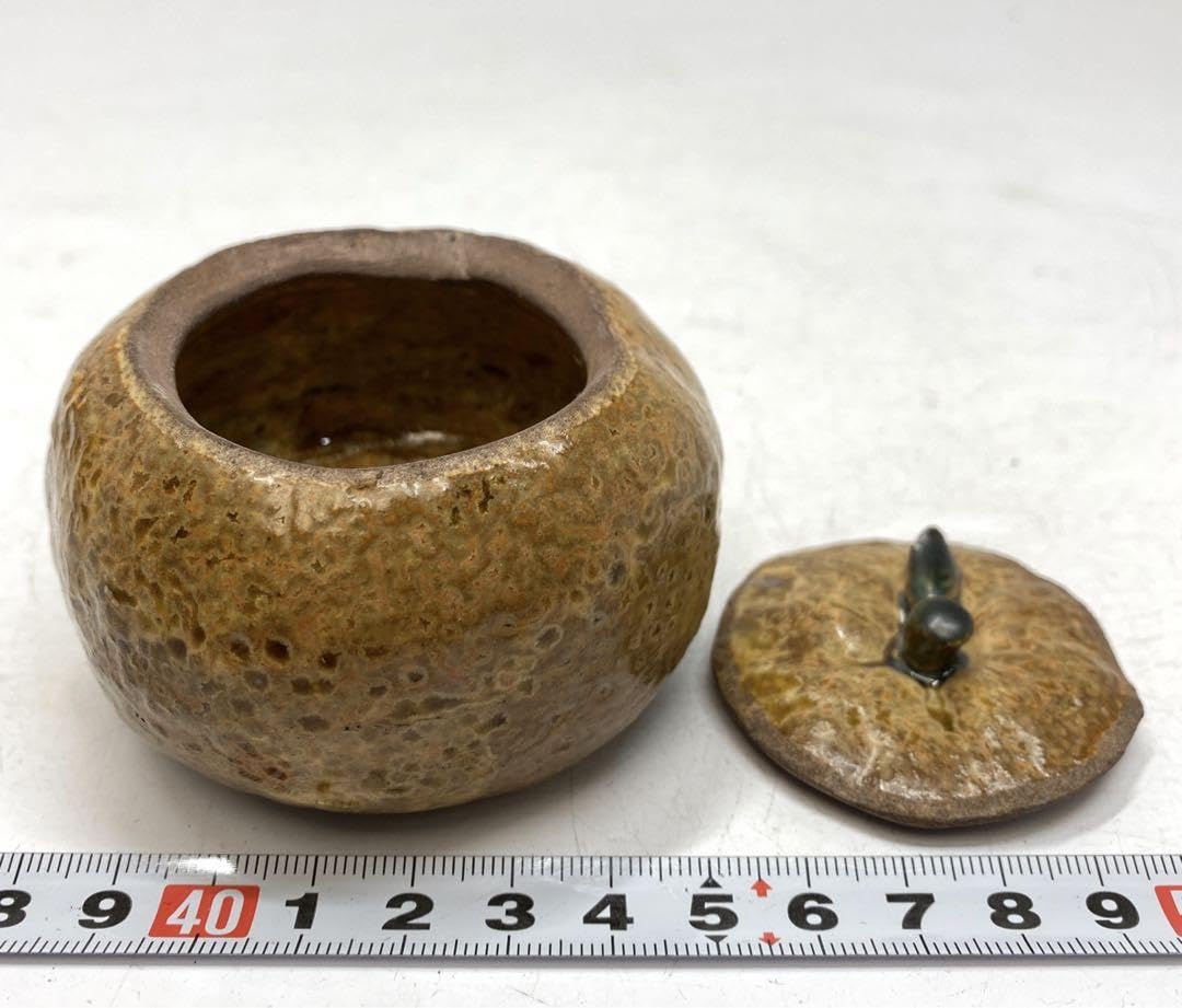 Amazon.co.jp: 益子焼 みかん茶入 土戯山人 共箱 直径7.5㎝ 東山