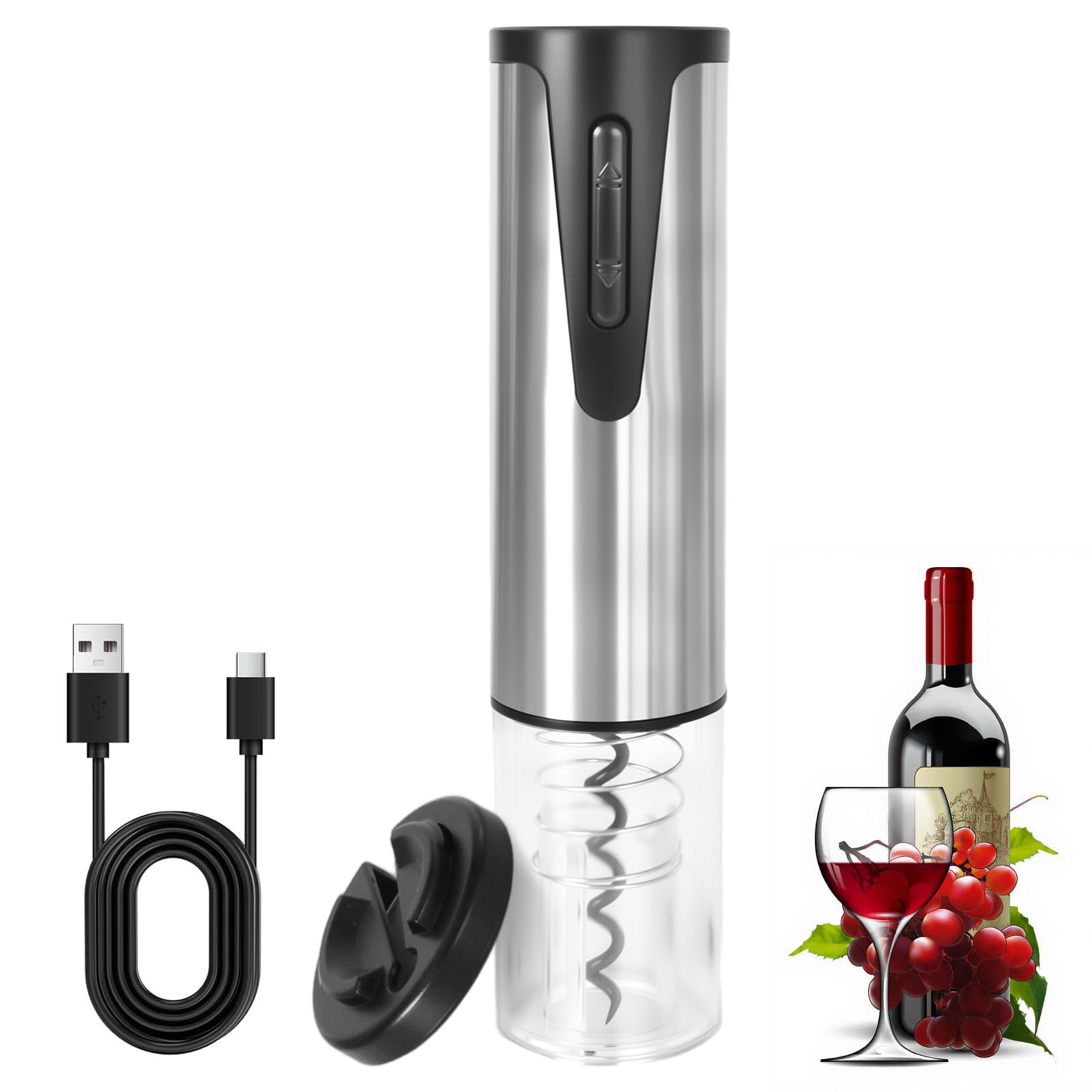 Abrebotellas de vino eléctrico, sacacorchos automático eléctrico recargable con cortador de papel de aluminio y cable de carga USB para Hogar,Bar y como Regalo,Plata
