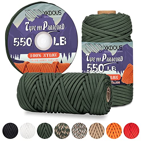 XKDOUS 550 Paracord 50ft Camo Green Parachute Cord, 100% Nylon 7 Strand Inner Core Type III Tactical Paracord Rope, Outside Survival Gear for Bracelets, Lanyards, Handle Wraps, Camping & Hiking