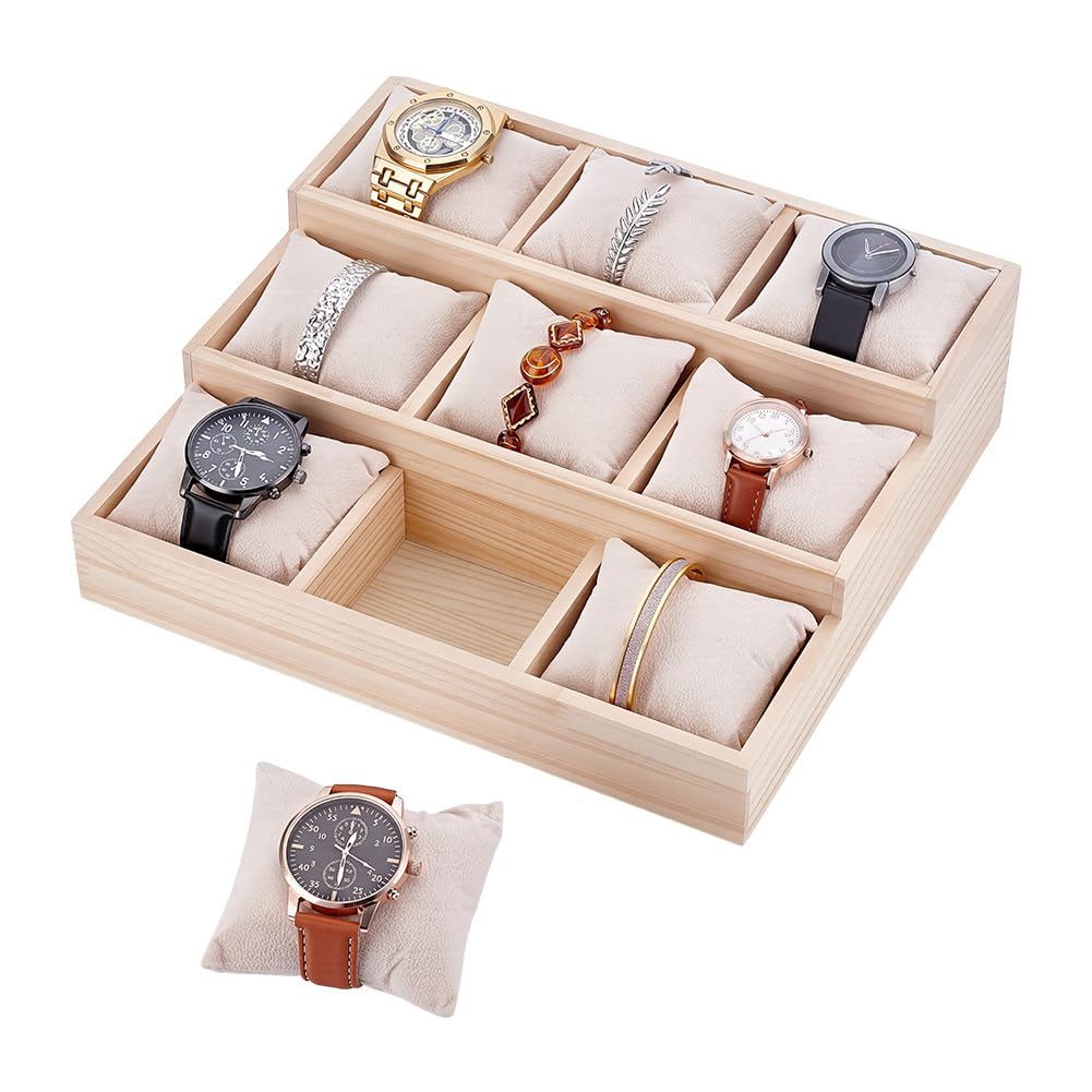 NBEADS Vassoio Portaoggetti per Orologi e Braccialetti A 3 livello e 9 griglie, Vassoio Porta Orologi con Cuscini Rimovibili Espositore Espositore per Orologi Da Cassetto Beige, 24x26.5x7.9cm