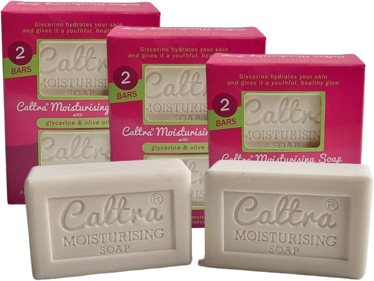 Caltra Moisturising Soap Bar with Olive Oil & Glycerine, Vegan, No SLS or Parabens, Natural Organic Softens & Nourishes Body Hand & Face Soap for Men Women (3 Pack (6 Soaps))