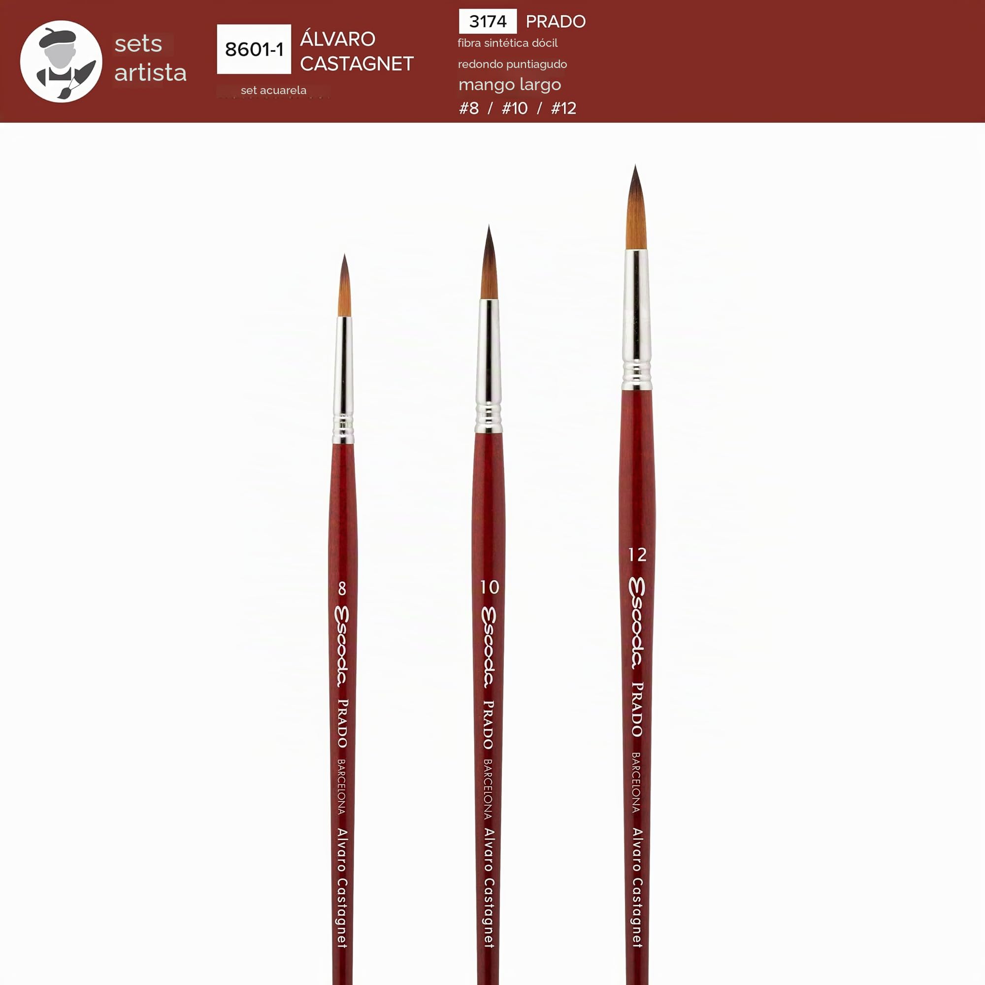 ESCODA Set 3 Pinceles Acuarela - N.8,10,12 Redondo Punta Pelo Sintético Set 1 Alvaro Castagnet Serie Prado Profesional Fabricado a Mano en España.