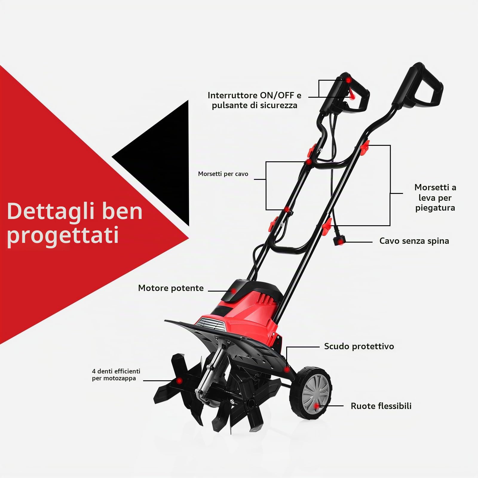 SOARS Motozappa Elettrica Pieghevole 1200W, Larghezza di Lavoro 36 cm Profondità di Lavoro 22 cm, 4 Lame, Zappatrice Elettrica per Orto e Giardino (Rosso, 36 x 40 cm, con Ruote)