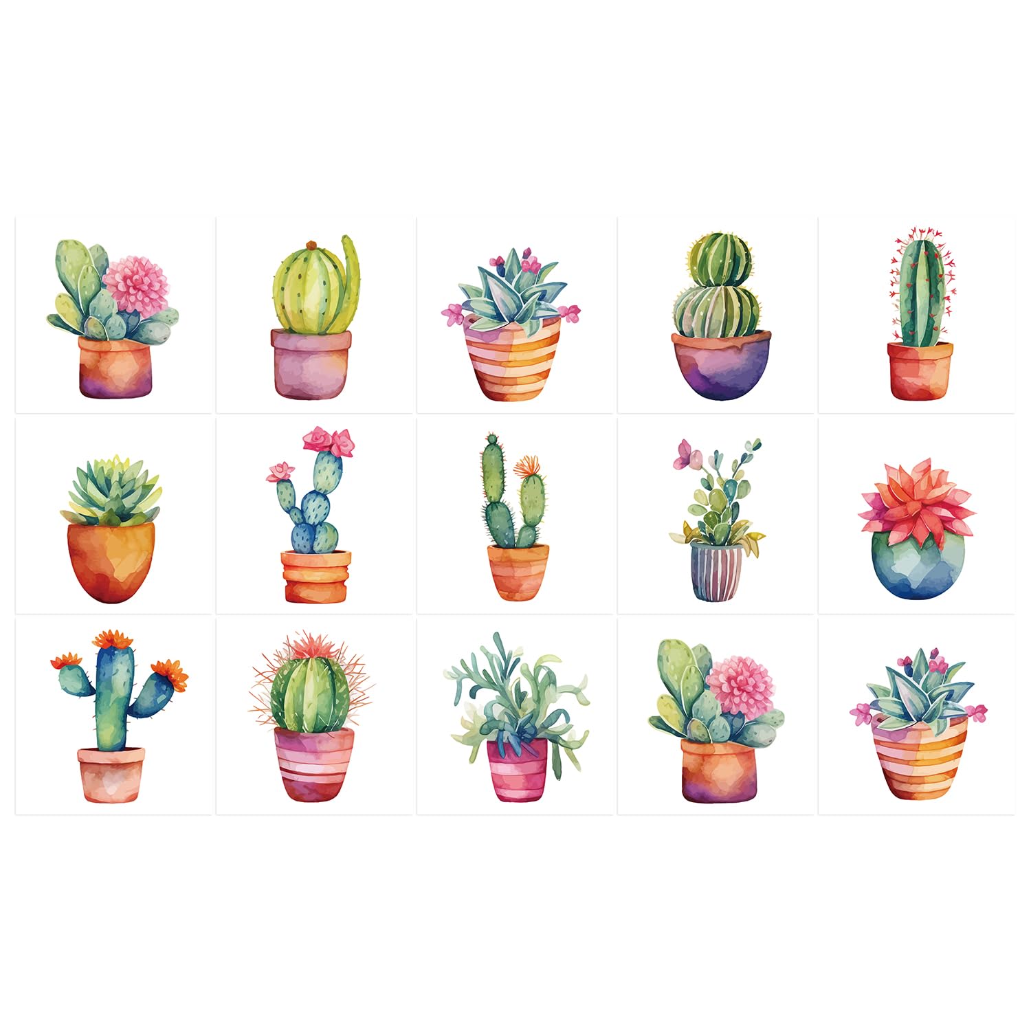 Ulticool Sticker Waterproof Sticker Tiles, Cactus Plant in Pot, 15 x 15 cm, Pack of 15 Tile Stickers Made of Film