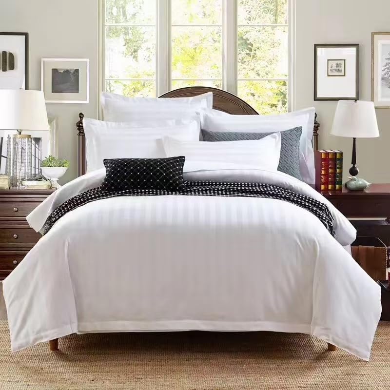 100% Egyptian Cotton 240 Thread Count 3 Piece Satin Stripe Duvet Cover Set - King Size, Includes 1 Duvet Cover (230 x 220 cm) with zipper closure & 2 Pillowcase (50 x 75 cm), Hotel Type, White