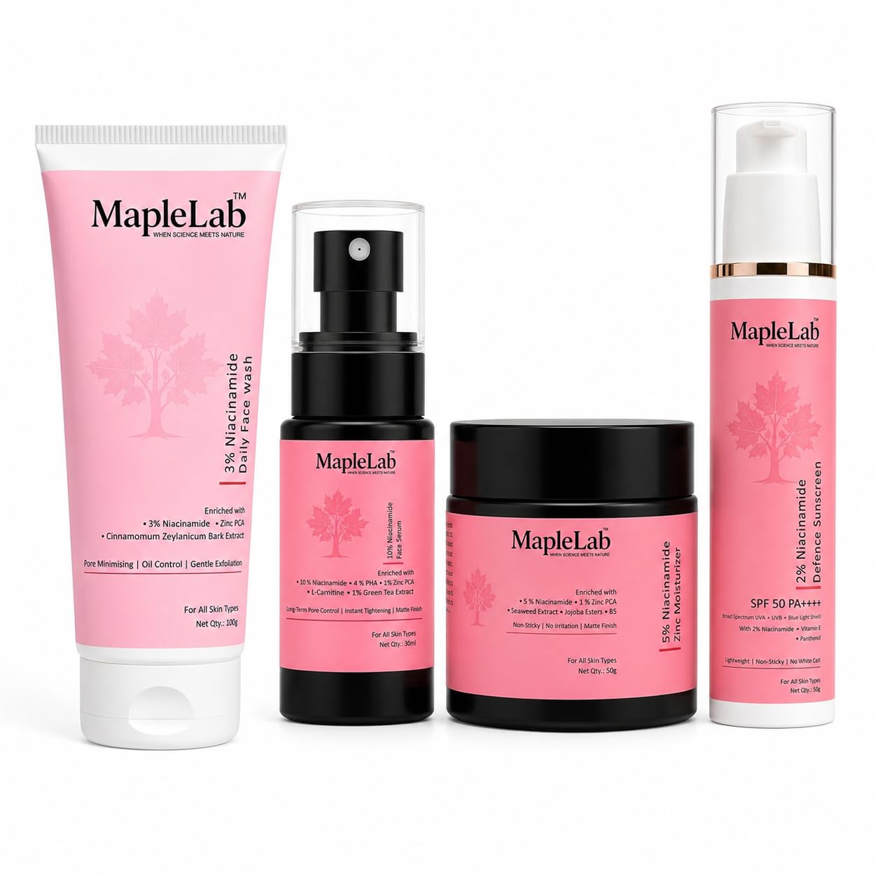 niacinamide care kit face wash serum moisturizer sunscreen set of 4 with 3% 10% 5% 2% niacinamide zinc pca spf 50 pa++++ vitamin e panthenol for all skin types daily care