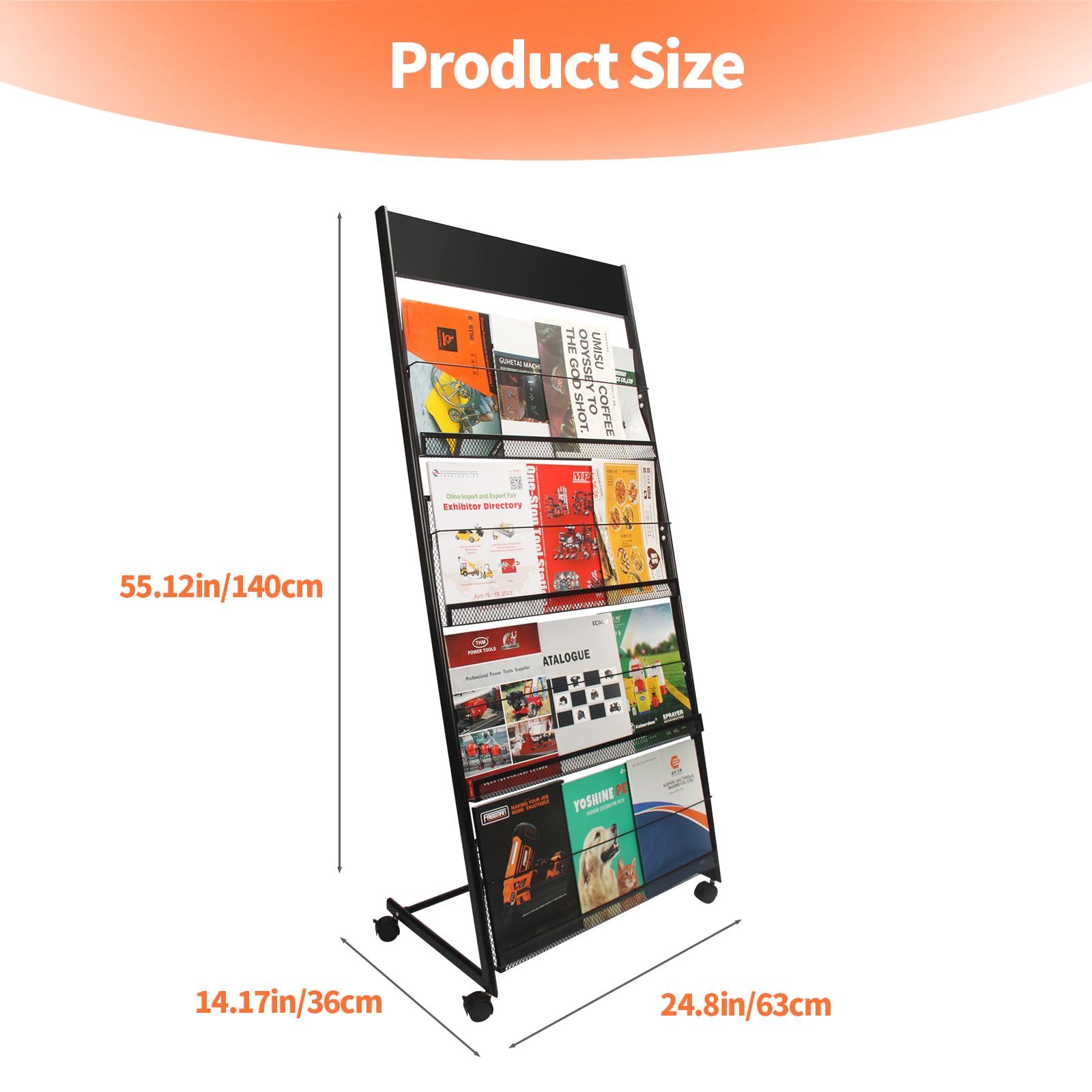 Umisu Magazine Rack Floor-Standing,4-Layer Brochure Holder Display Stand Tiered Design with Wheels,High-Hardness Metal Magazine Display Rack,Suitable for Exhibitions,Shopping Malls,Offices-Black