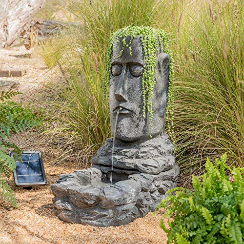 Primrose 73cm Grey Easter Island Head Solar Powered Self Contained Water Feature and Planter with LED Lights