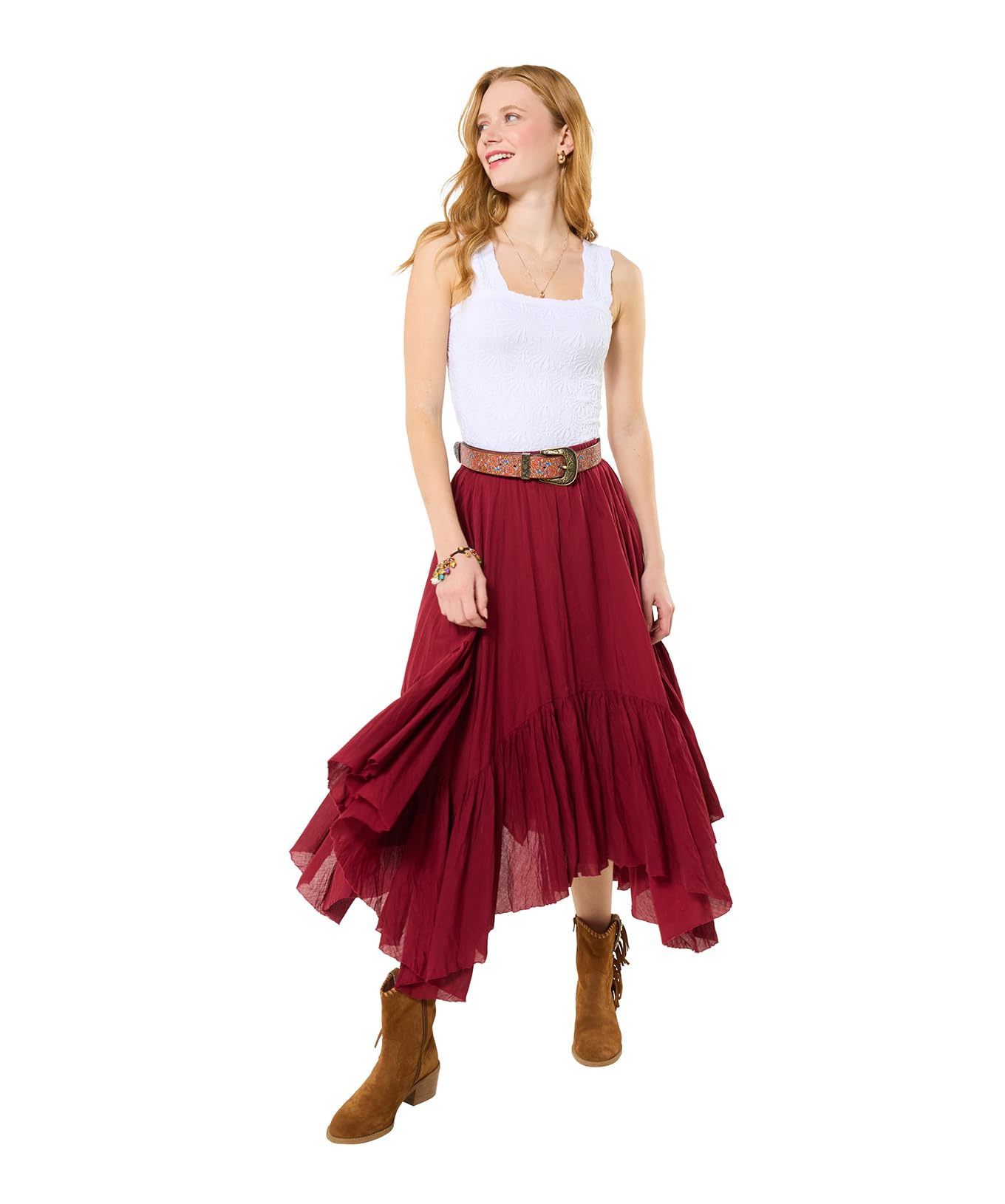 Joe Browns Boho Layered Hanky Hem Maxi Skirt, Berry, 20 UK
